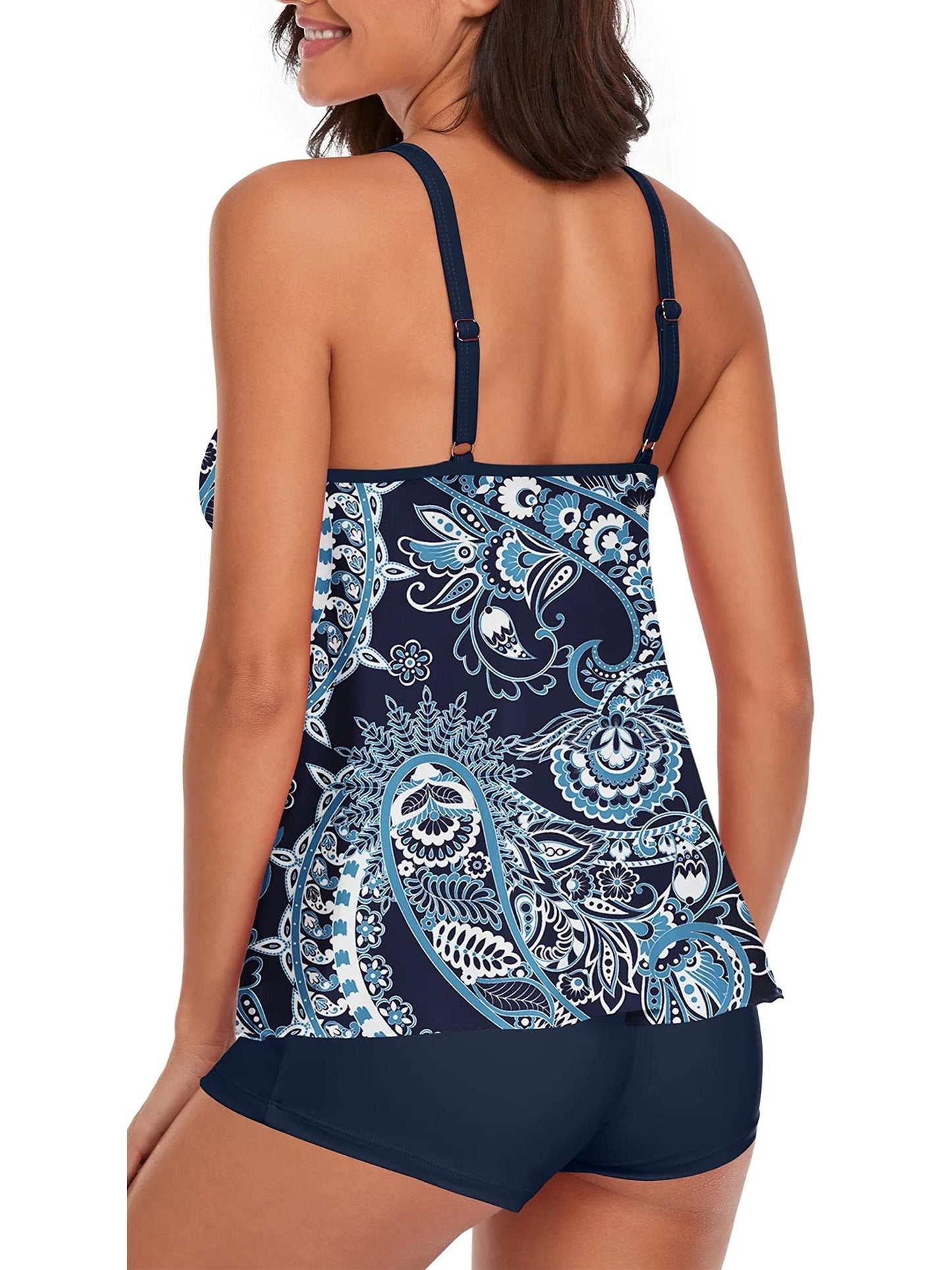 Women's Cashew Flowers Print Tank Top Boxer Briefs Tankini Set Swimsuit