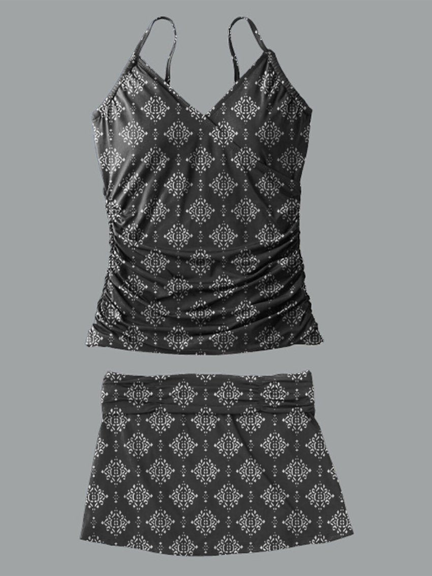 Women's V-neck Paisley Print Suspender Skirt Tankini Set Swimsuit