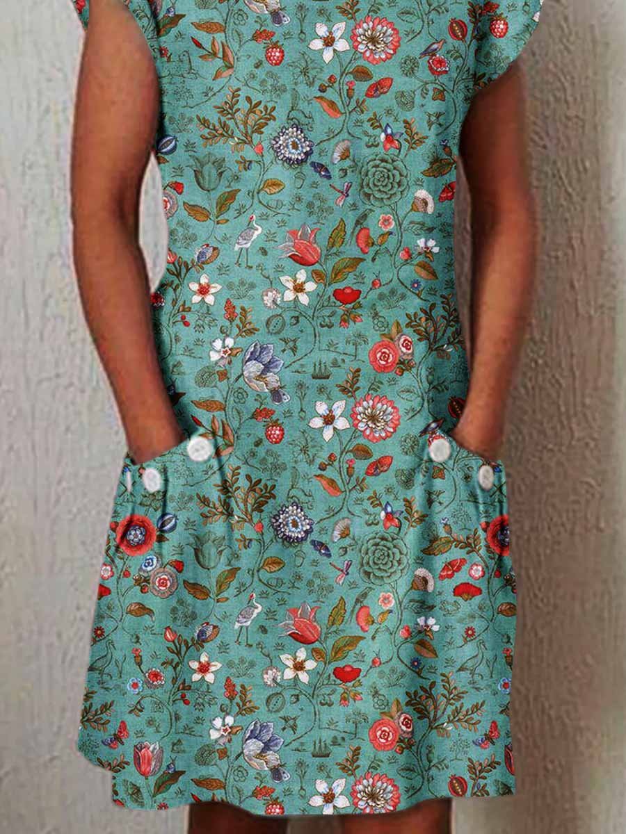 Women's Elegant Rose Rose Floral Pattern Cotton and Linen Dress with Pockets