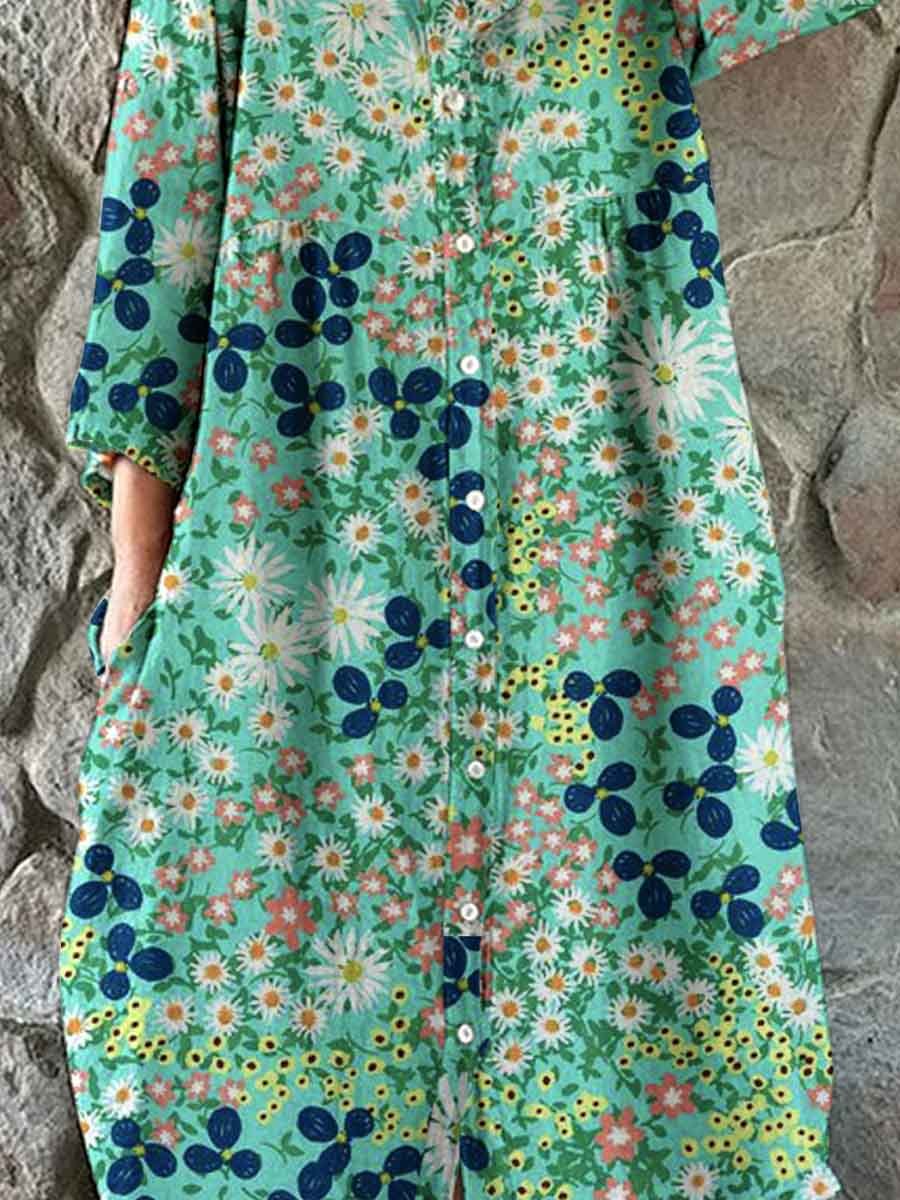 Women's Elegant Floral Pattern Shirt Style Cotton and Linen Dress