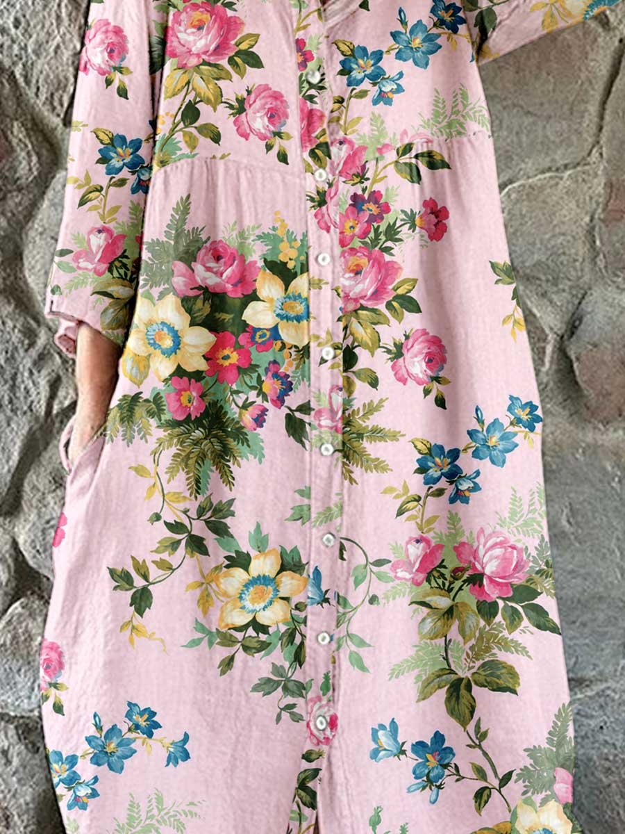 Women's Elegant Rose Floral Pattern Shirt Style Cotton and Linen Dress