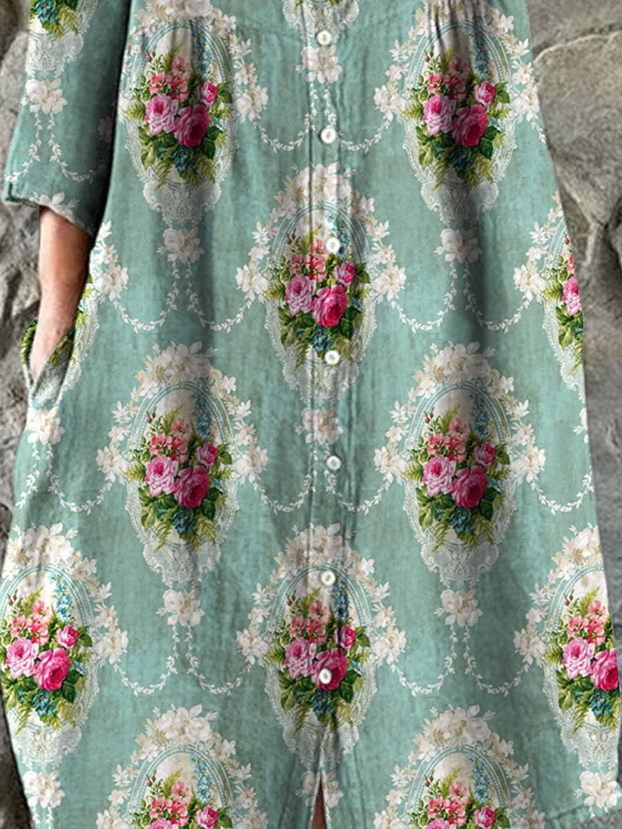 Women's Roses Floral Art Print Elegant Simple Cotton Shirt Dress