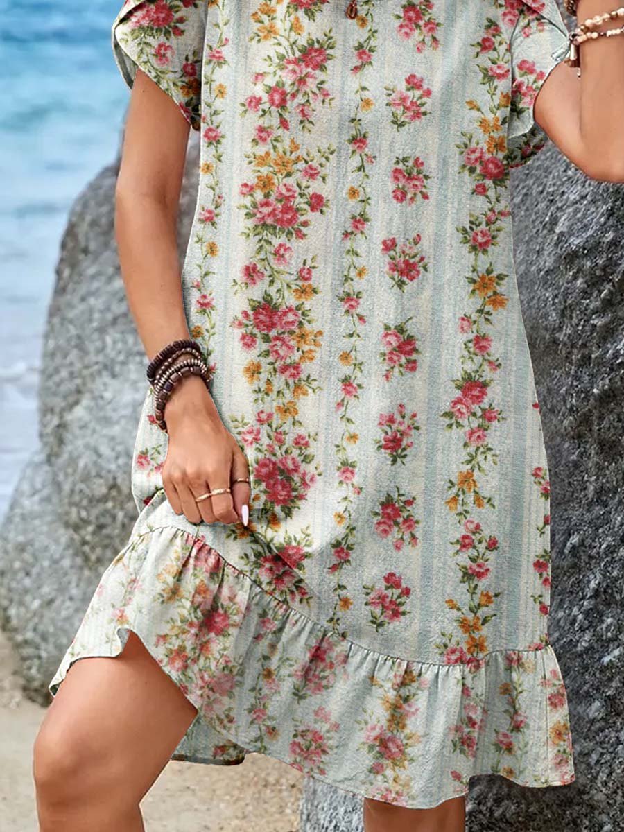 Women's Elegant Simple Rose Floral Pattern Petal Sleeve Round Neck Dress