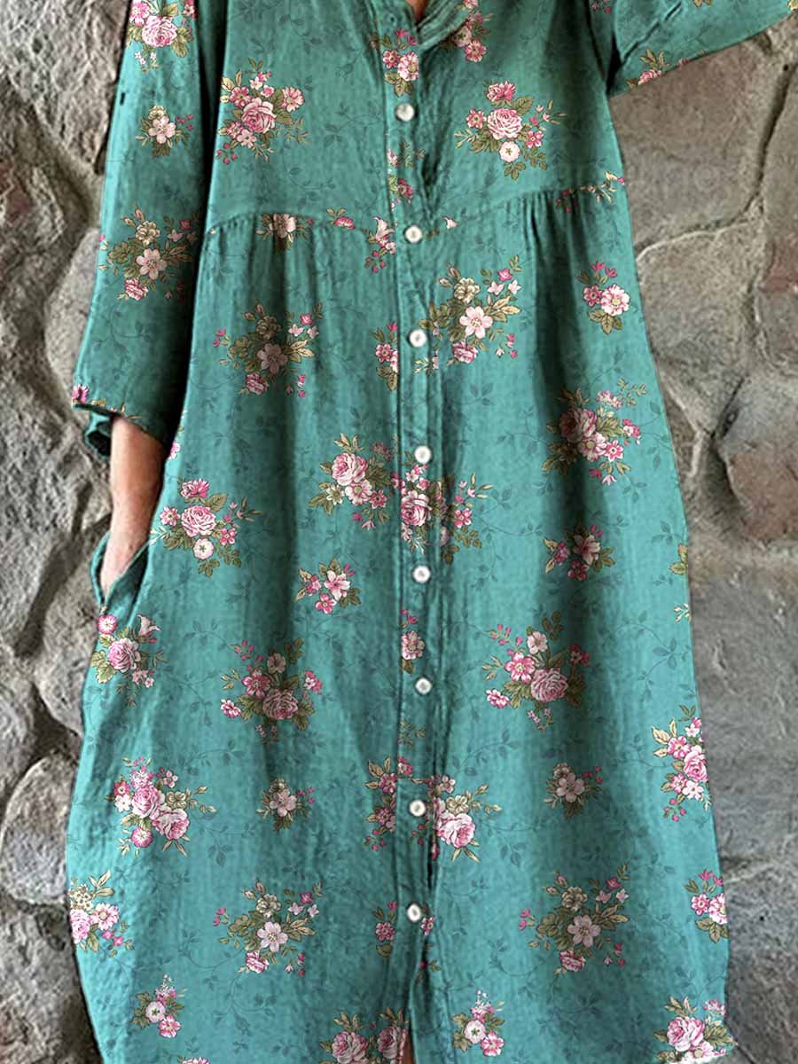 Women's Elegant Rose Floral Pattern Shirt Style Cotton and Linen Dress