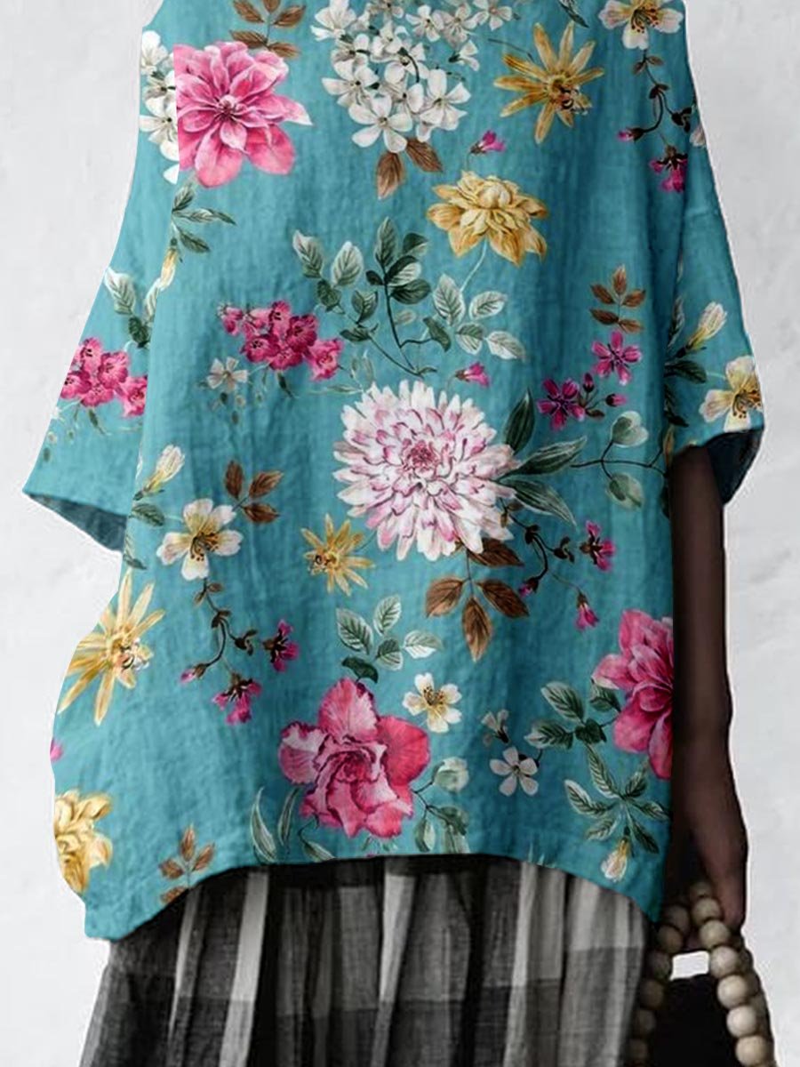 Women's Elegant Vintage Floral Pattern Cotton and Linen Top