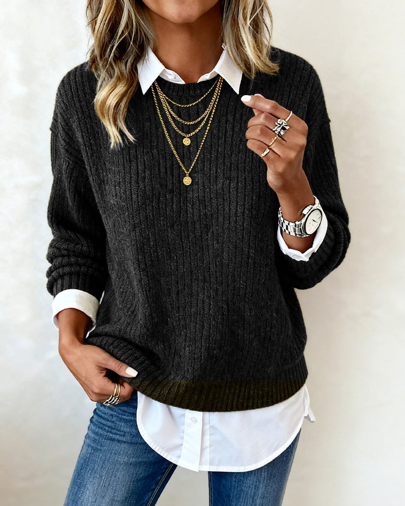 Camille - Sweater With Shirt Collar And Patchwork Design