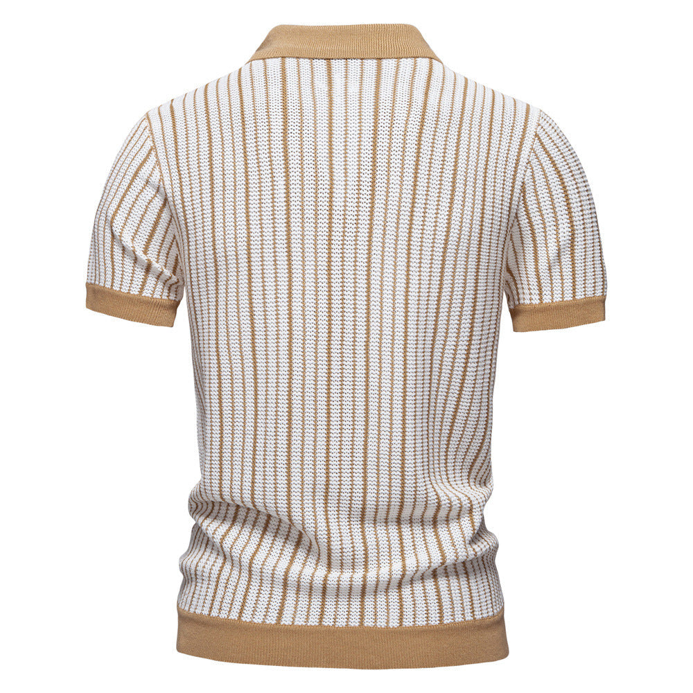 Men's Short Sleeve Knit Polo Vertical Stripe Button Shirt