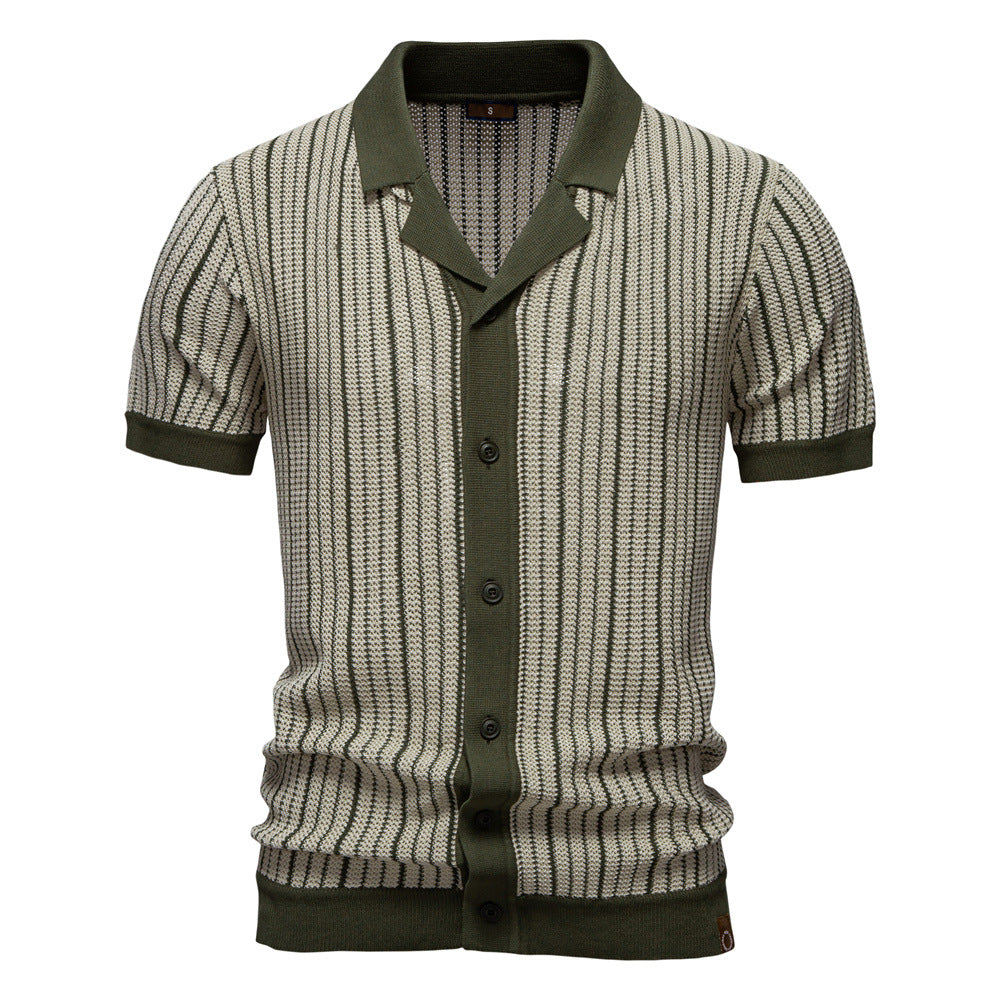 Men's Short Sleeve Knit Polo Vertical Stripe Button Shirt