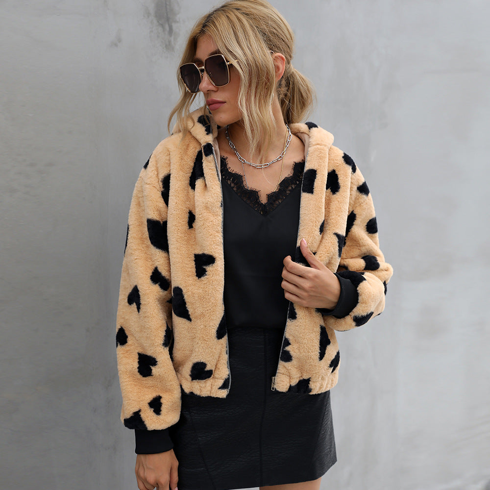 Women's Fur Jacket Fashion Love Pattern Plush Coat
