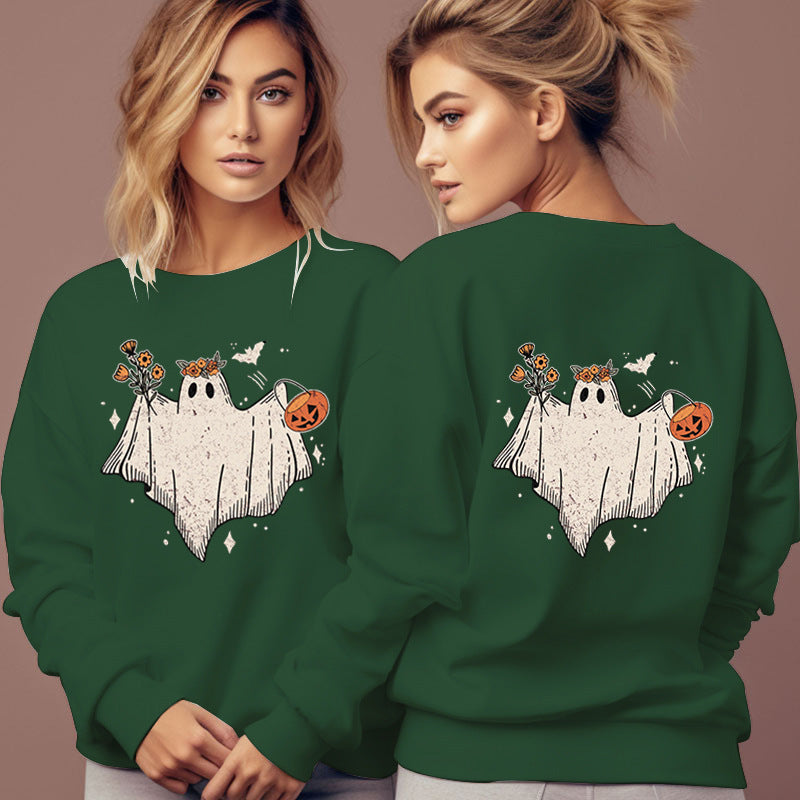 Women's Cartoon Halloween Hoodies Funny Flower Pumpkin Ghost