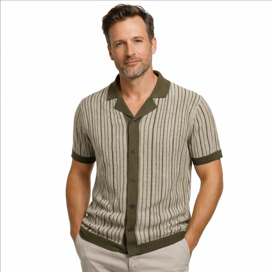 Men's Short Sleeve Knit Polo Vertical Stripe Button Shirt