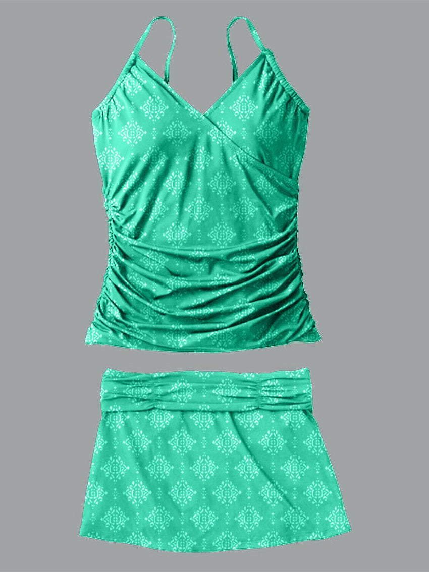 Women's V-neck Paisley Print Suspender Skirt Tankini Set Swimsuit