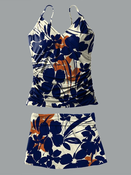 Women's V-neck Outline Flower Print Suspender Skirt Tankini Set Swimsuit