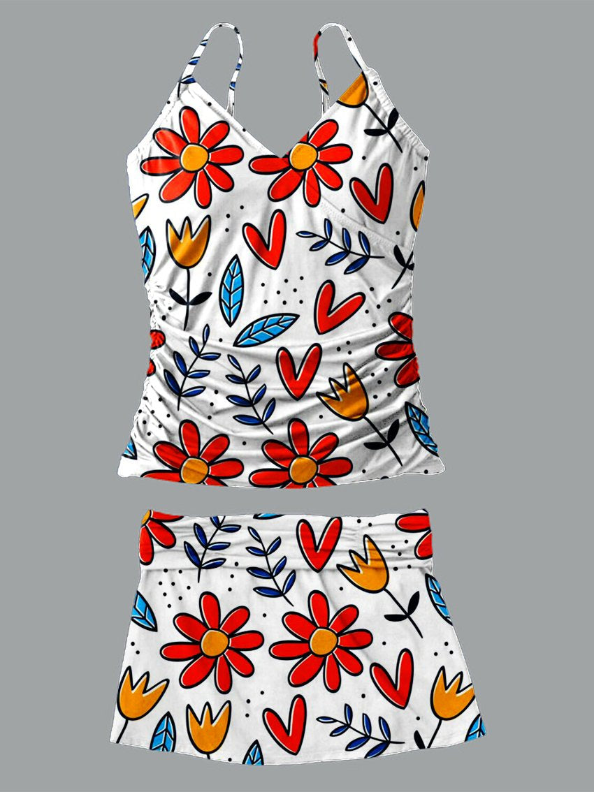 Women's V-neck Color Floral Print Suspender Skirt Tankini Set Swimsuit