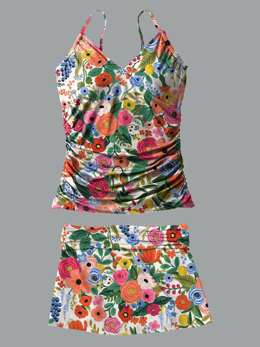 Women's V-neck Floral Print Suspender Skirt Tankini Set Swimsuit