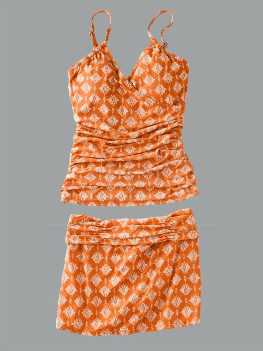 Women's V-neck Paisley Print Suspender Skirt Tankini Set Swimsuit