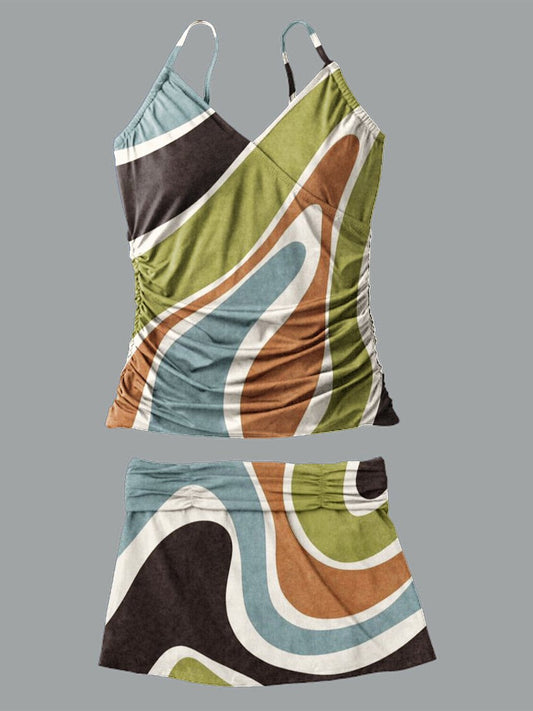 Women's V-neck Ripple Print Suspender Skirt Tankini Set Swimsuit