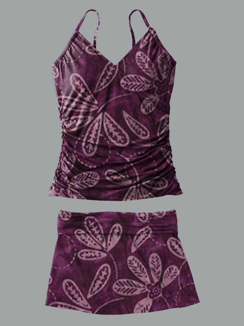 Women's V-neck Tie Dye Floral Print Suspender Skirt Tankini Set Swimsuit