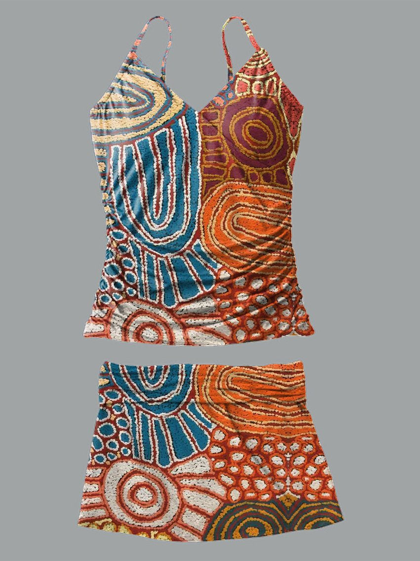 V-neck Retro Abstraction Print Suspender Skirt Tankini Pantskirt Set Swimsuit