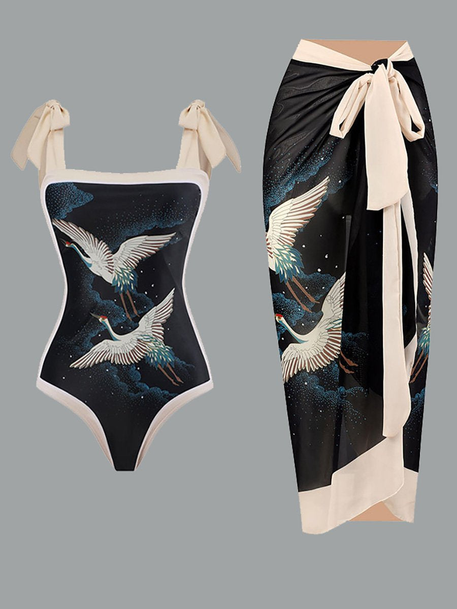 Women's Vintage One Piece Swimsuit Suit Chiffon Cover Up