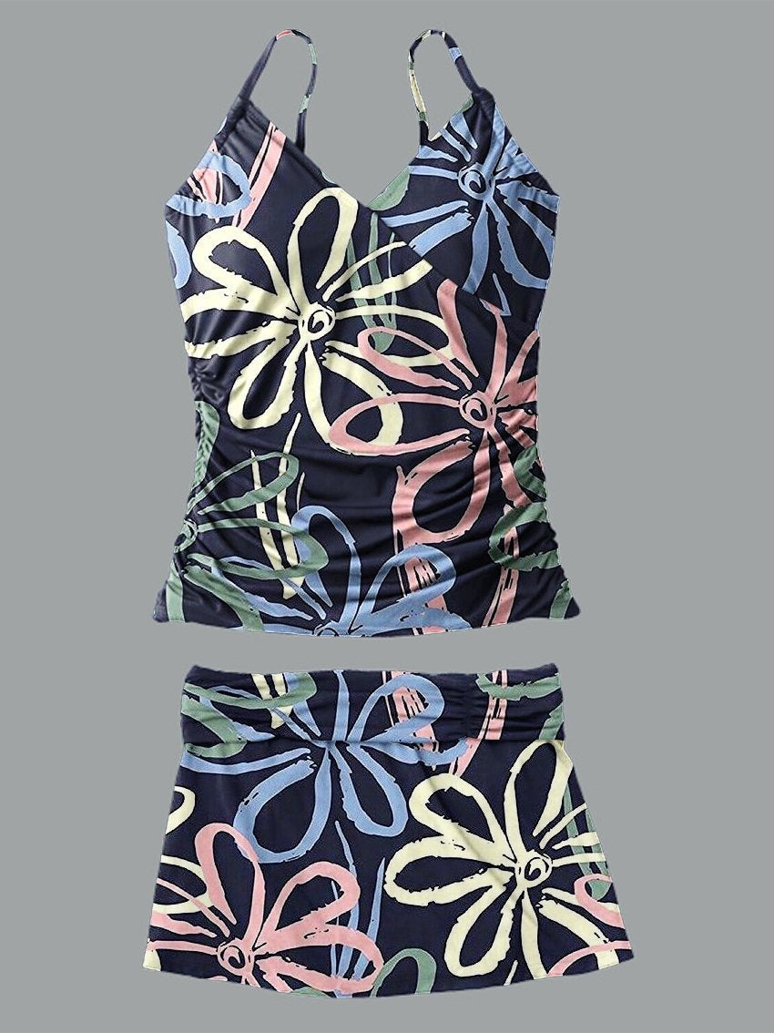Women's V-neck Line Flowers Print Suspender Skirt Tankini Set Swimsuit