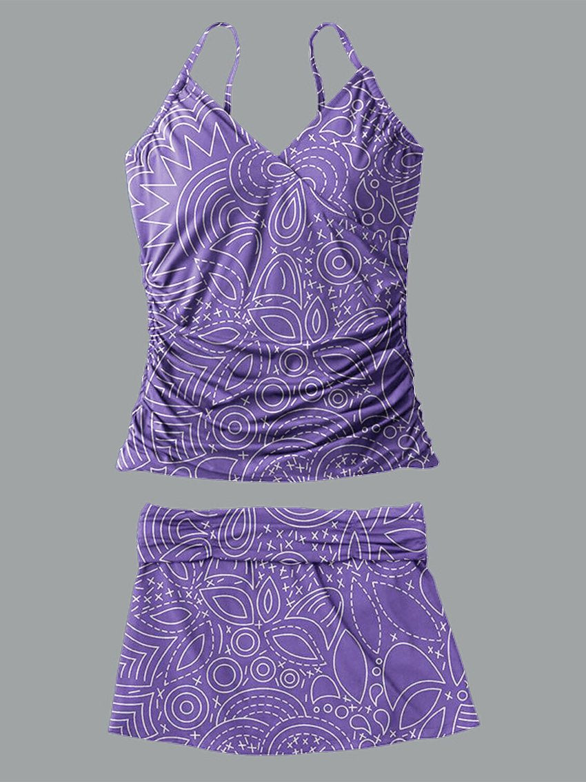 Women's V-neck Line Print Suspender Skirt Tankini Set Swimsuit