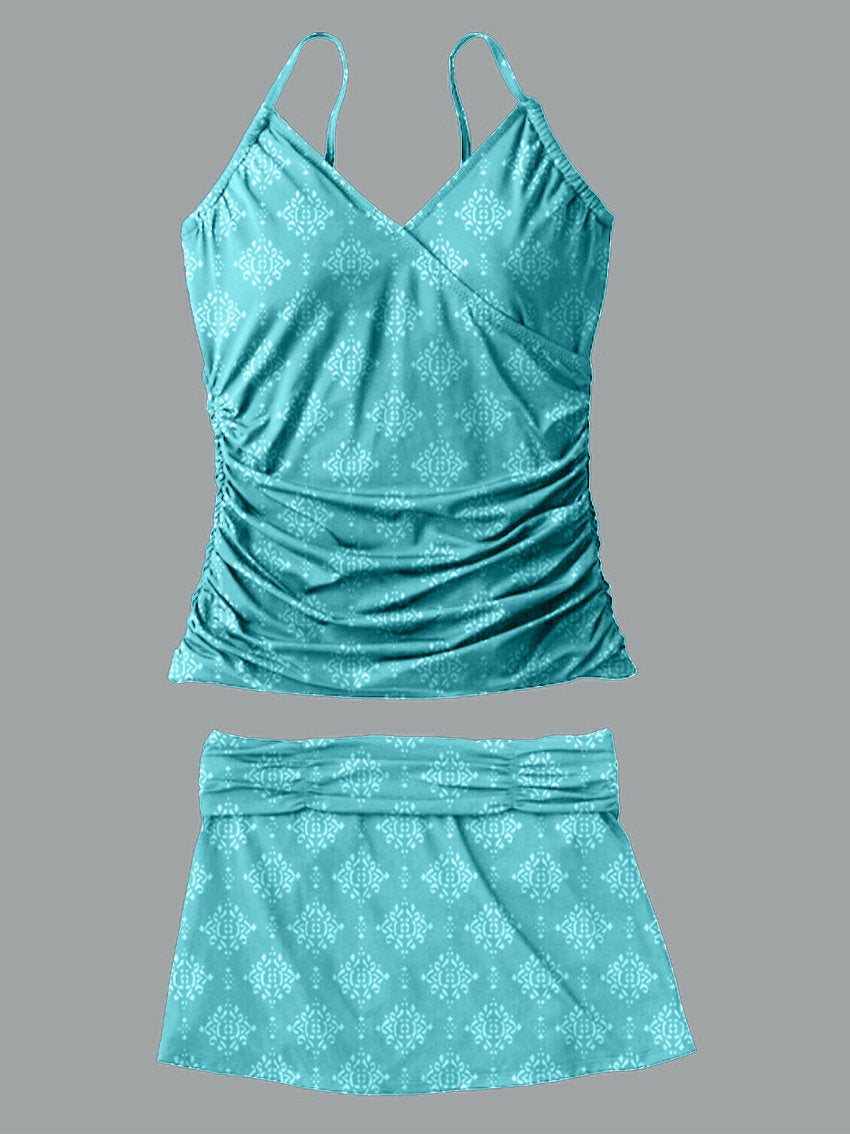 Women's V-neck Paisley Print Suspender Skirt Tankini Set Swimsuit