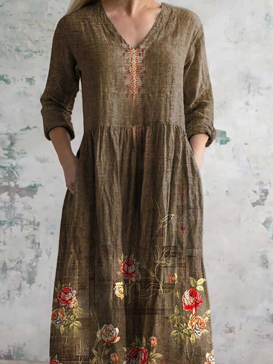 Women's Vintage Floral Print Casual Cotton Dress