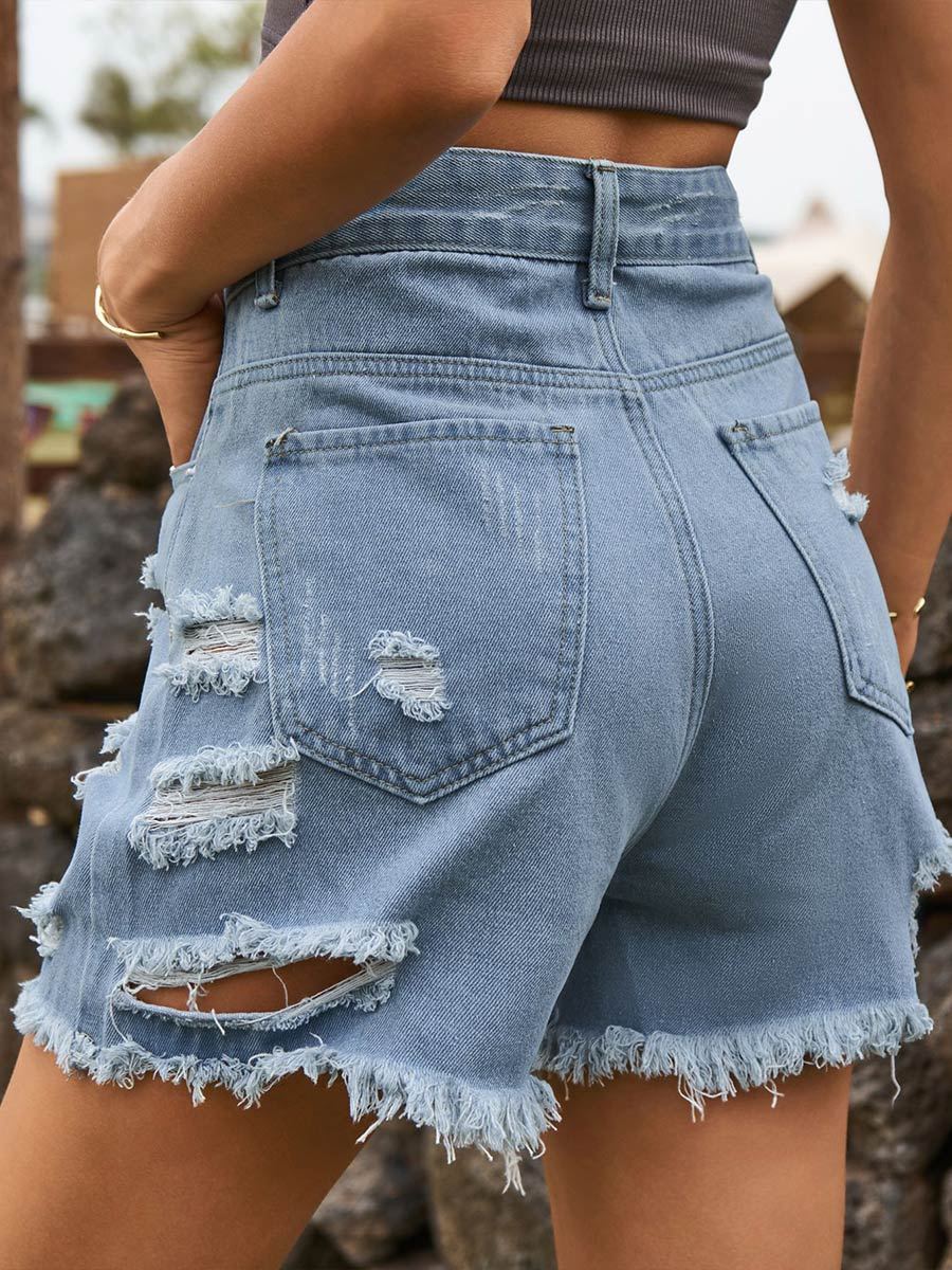 Irregularly Ripped Raw Edge Ripped Denim Shorts