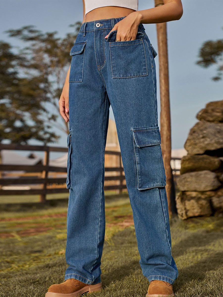 Women's Washed Multi-Pocket Denim Workwear Casual Pants