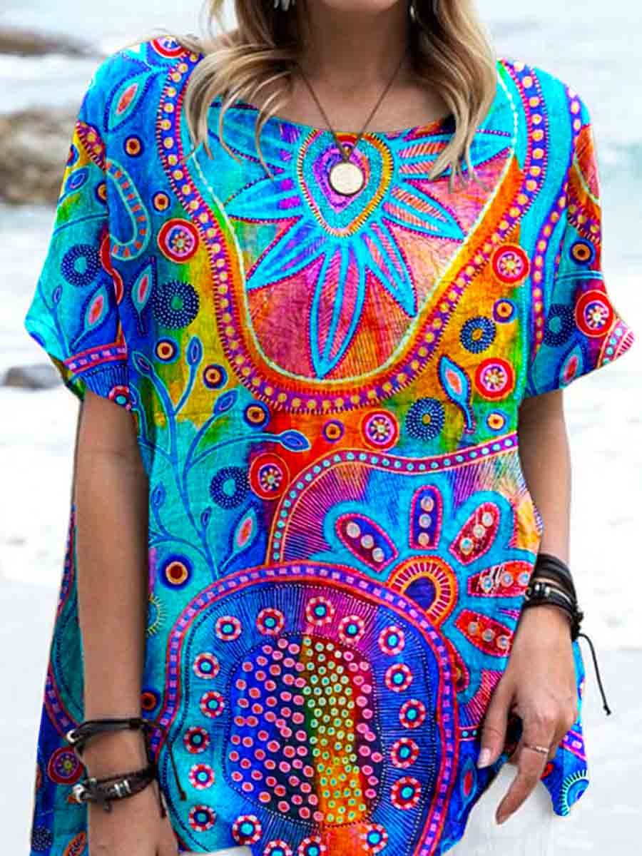 Women's Artistic Colorful Geometric Pattern Linen Top